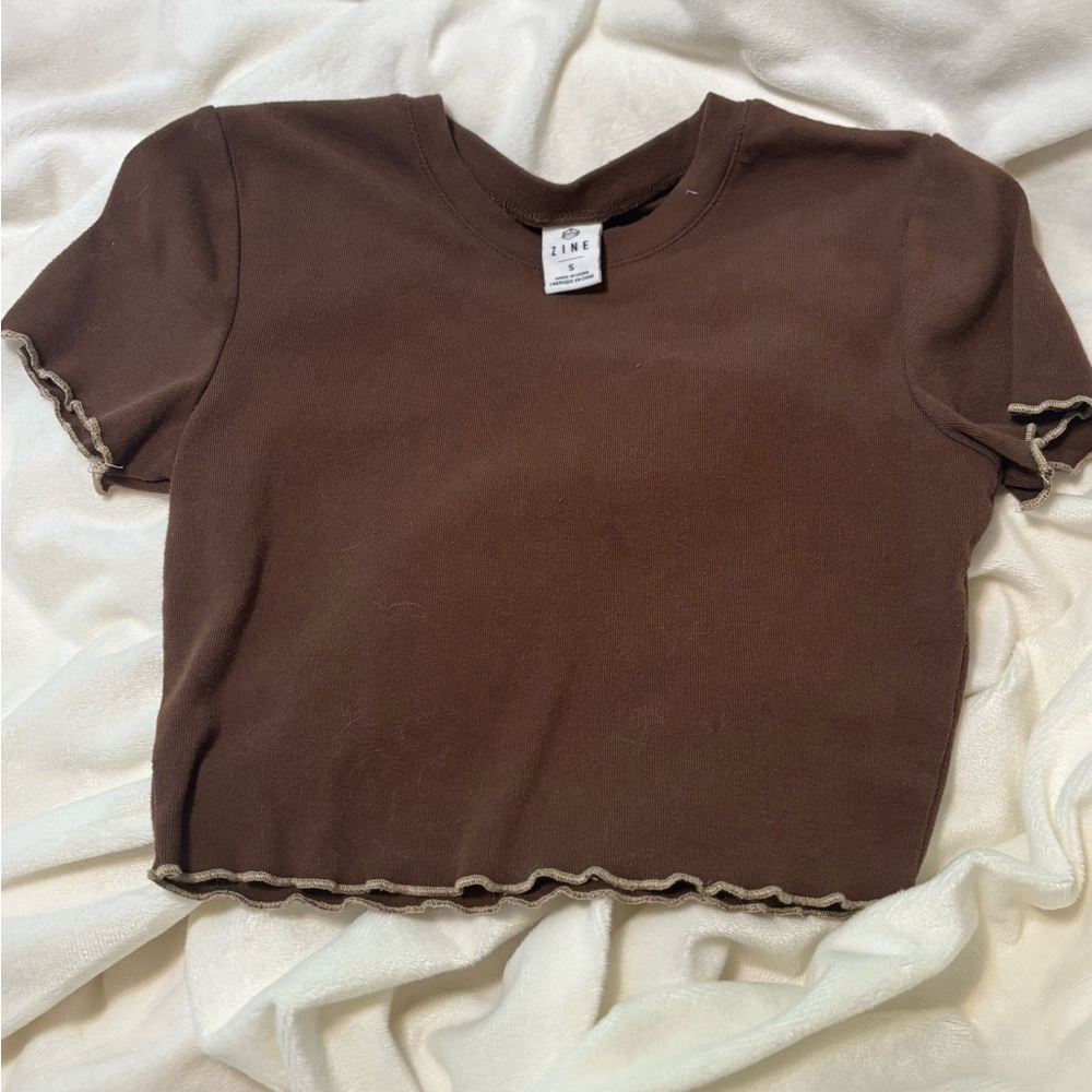 Brown Ruffle Hem Crop Top